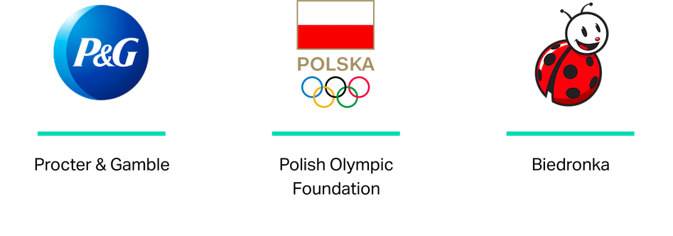 Das Bild enthält drei Logos nebeneinander. Links ist das Logo von Procter & Gamble, eine blaue Kugel mit weißen Kleinbuchstaben „P&G“. In der Mitte ist das Logo der Polnischen Olympischen Stiftung, bestehend aus einem roten Rechteck auf einem weißen Rechteck, mit „POLSKA“ in Großbuchstaben über den Olympischen Ringen. Rechts ist das Logo von Biedronka, das einen stilisierten roten Marienkäfer mit schwarzen Punkten und einem lächelnden Gesicht zeigt.