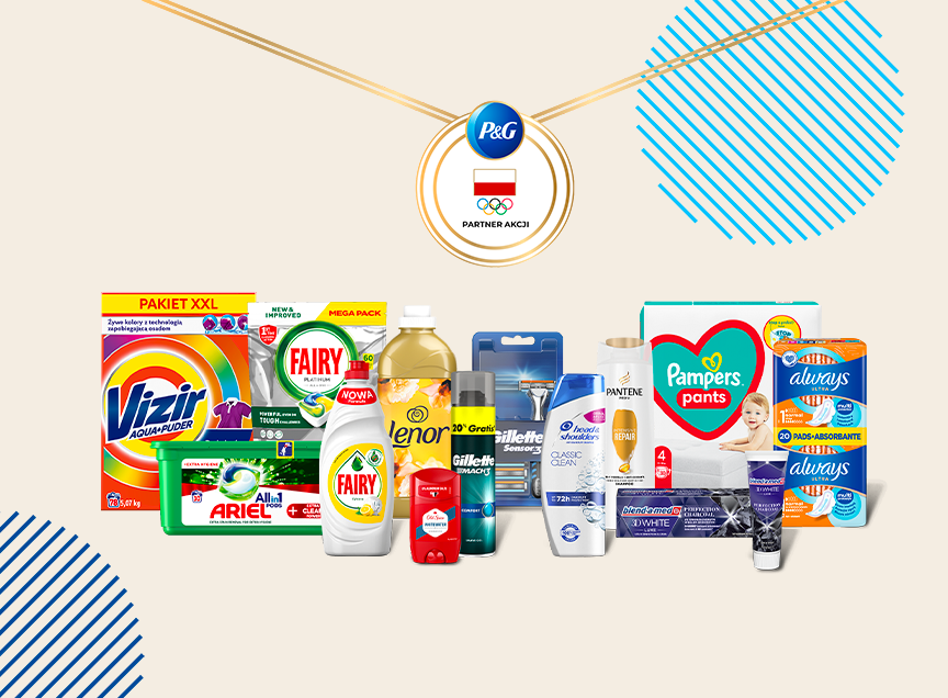 Werbegrafik für Procter & Gamble mit einer Vielzahl von Haushaltsprodukten. Das Bild enthält das P&G-Logo mit der polnischen Flagge über den olympischen Ringen und den Text „PARTNER AKCJI“ oben in der Bildmitte. In der Mitte wird eine Sammlung von Markenartikeln angezeigt, darunter Vizir-Waschmittel, Fairy-Spülmittel, Lenor-Weichspüler, Old Spice-Deodorant, Blend-a-Med-Zahnpasta und andere. Der Hintergrund ist cremefarben mit abstrakten blauen Formen oben rechts und unten links.