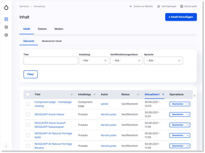 Screenshot of the Drupal backend showing existing content pages